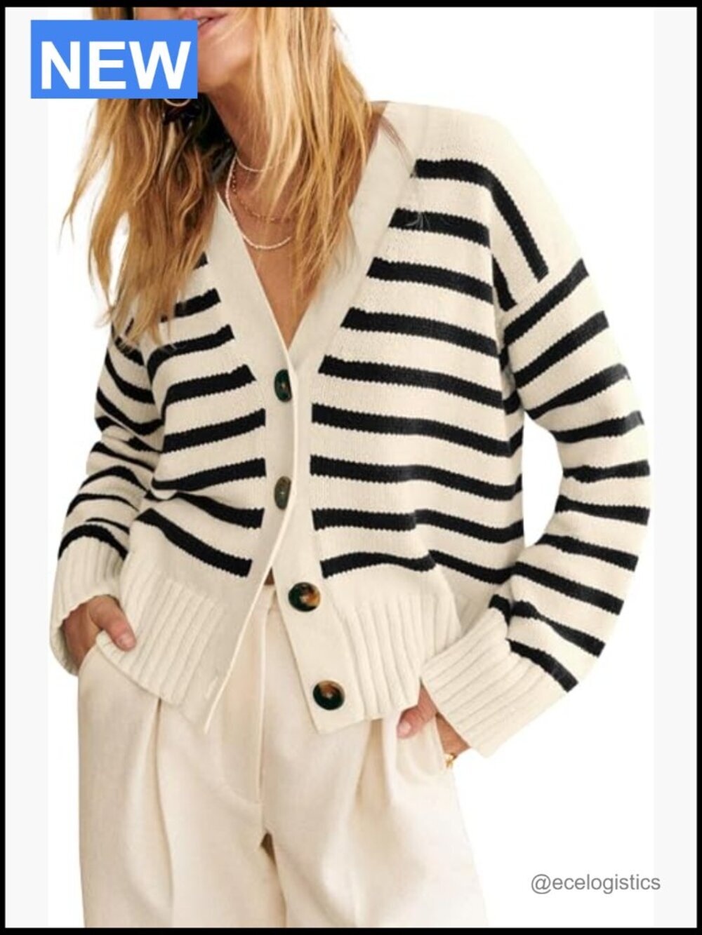 Striped V Neck Button Down Cardigan Sweater Ribbed Knit